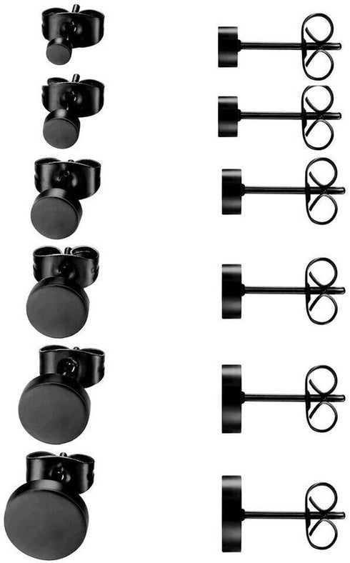 6Pairs 316L Surgical Steel Black Flat Round 3/4/5/6/7/8mm Men Women Stud Earring
